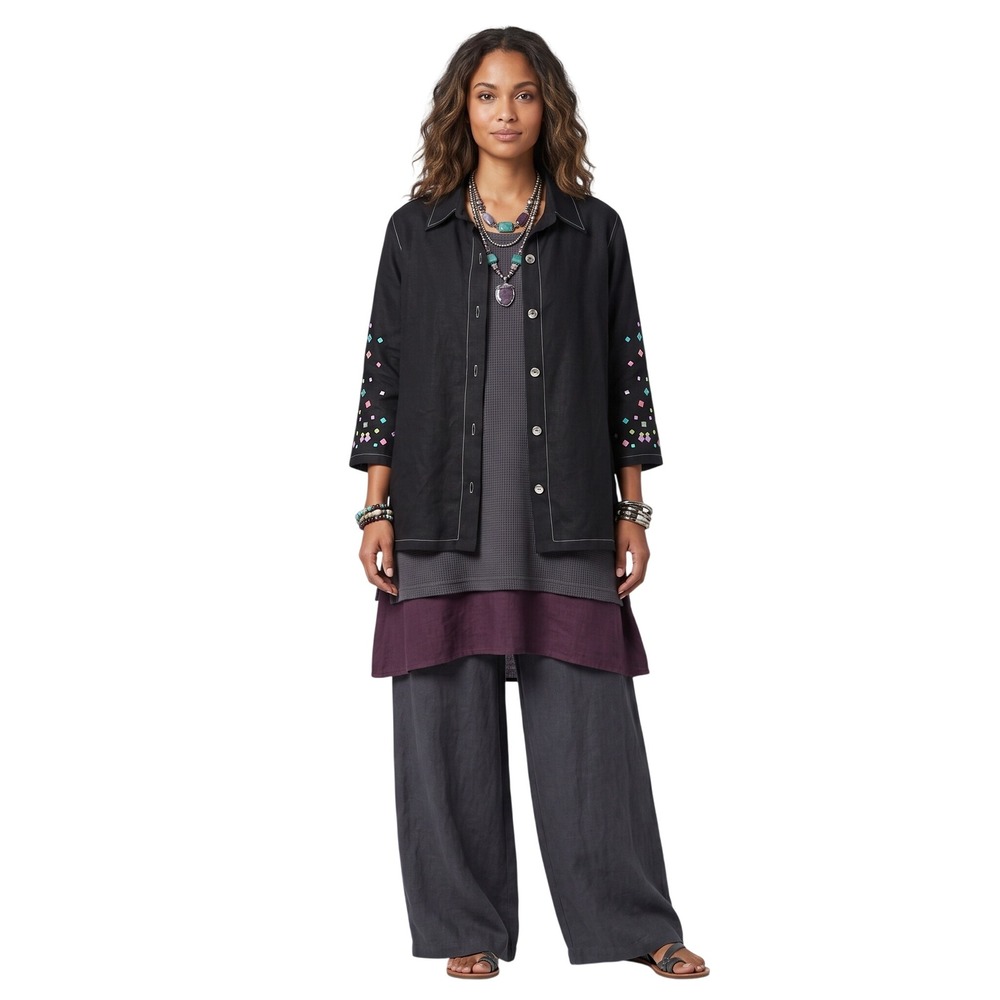 BOB‎ MACKIE Wearable Art Black Linen Blend Tunic Shirt Embroidered Small Boho
